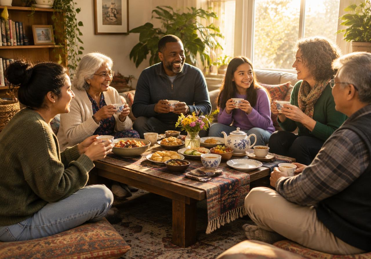 Friends and neighbors of different backgrounds laughing over tea around a low table in a cozy living room